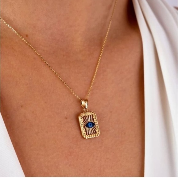 GOLD 14k Gold Plated Evil Eye Bar Pendant Chain Necklace - Picture 1 of 3